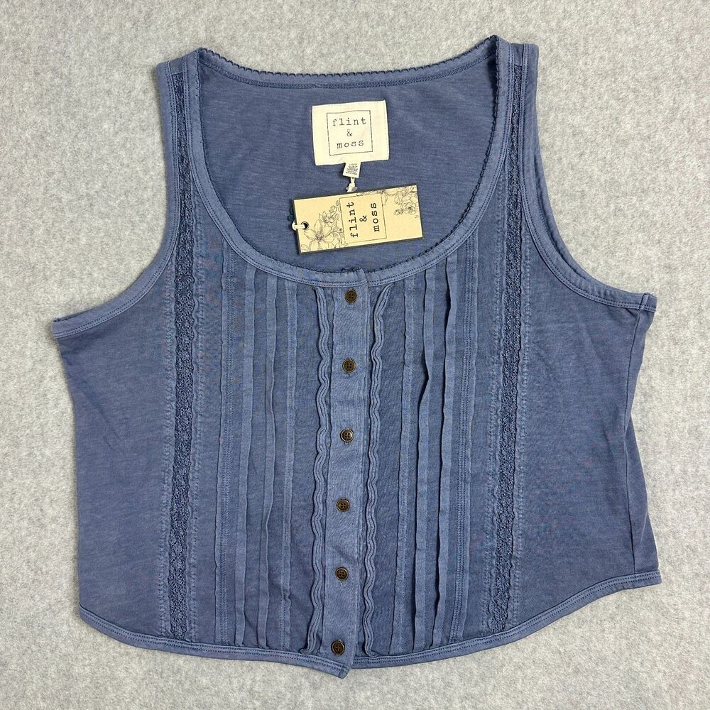 Women's Size L/G Flint & Moss Button Front Lace Blue Round Neck Trim Cotton Tank